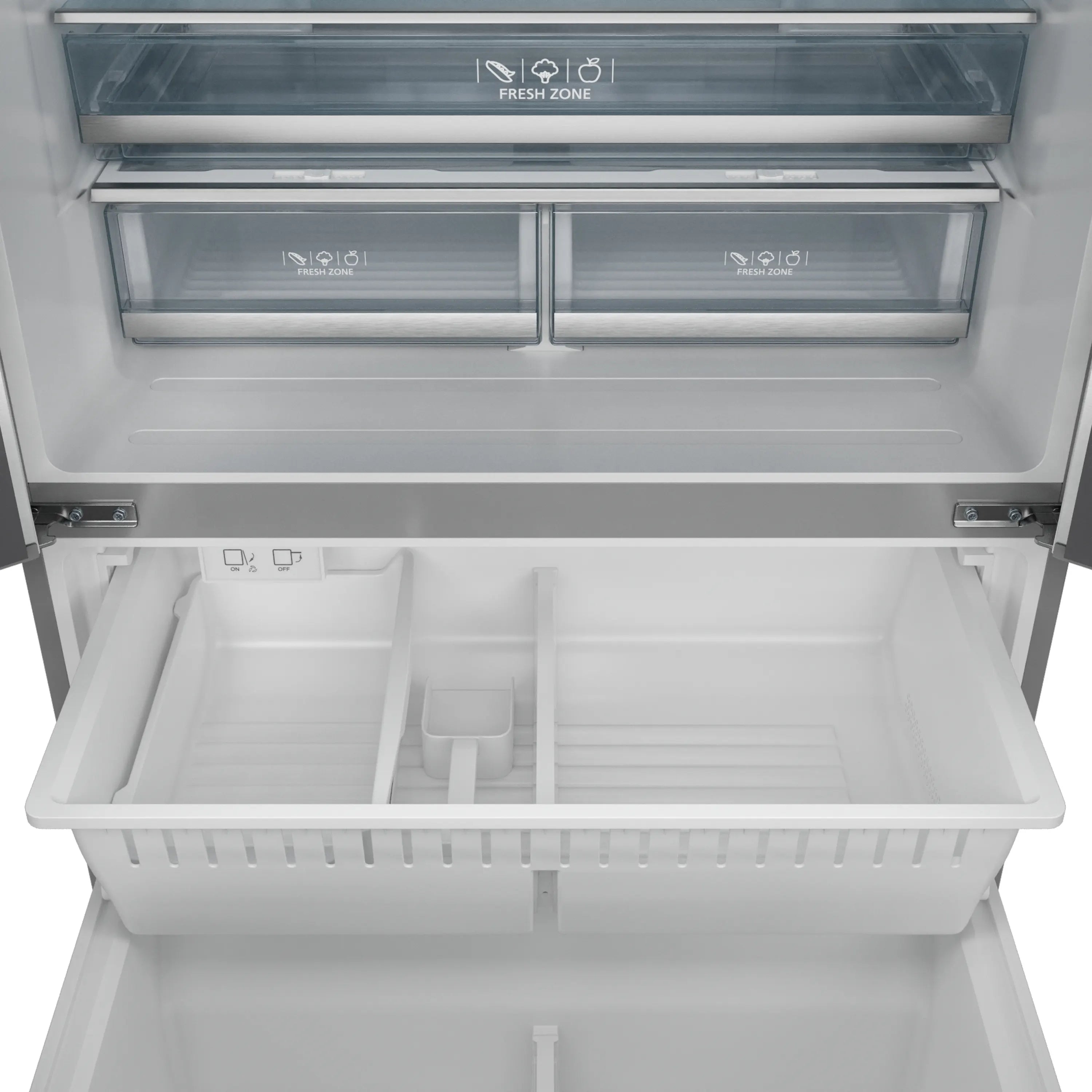 Refrigerator freezer compartment open, showing drawers, baskets, and cold air vents