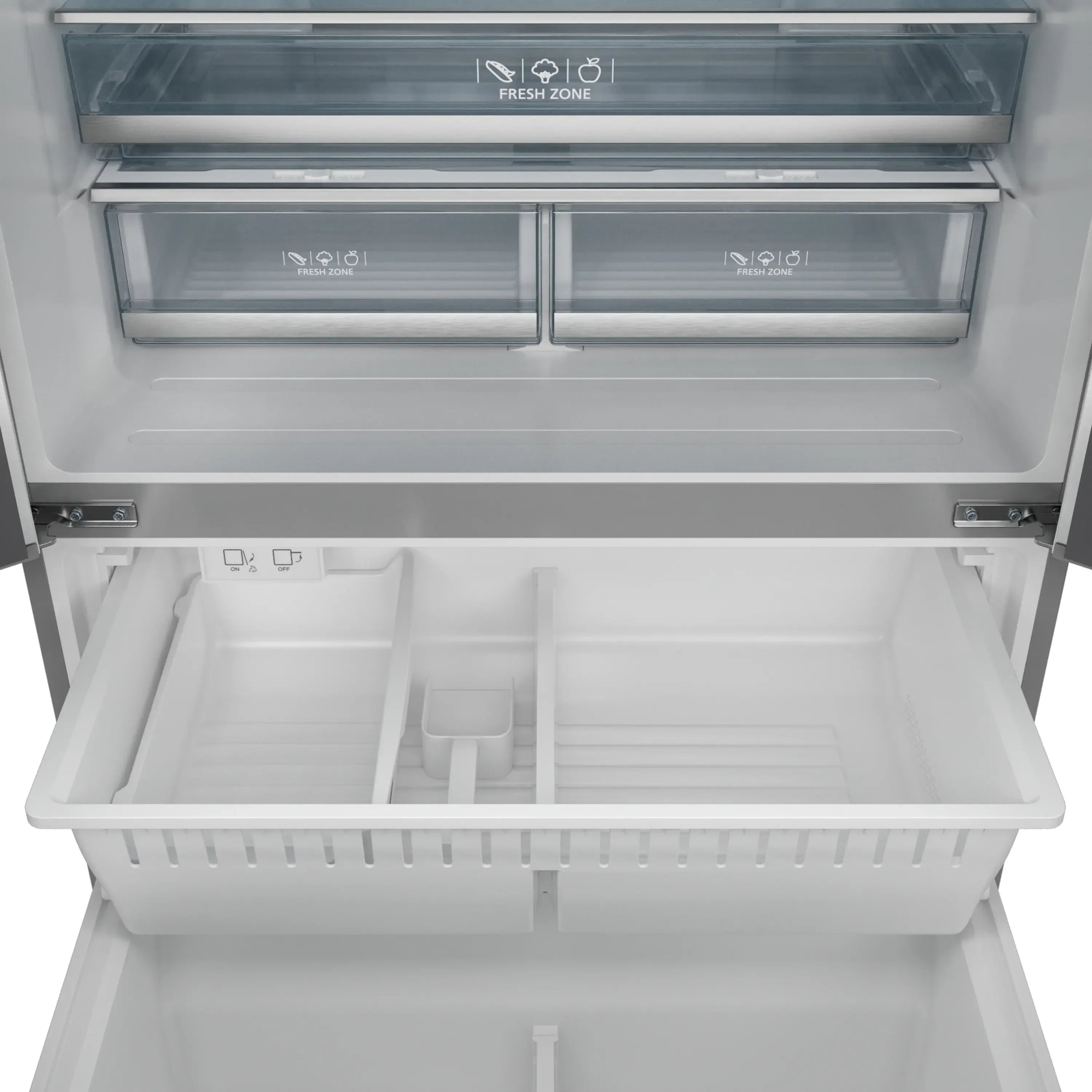 Refrigerator freezer drawer interior with bins and FRESH ZONE label