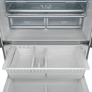 Refrigerator freezer compartment open, showing drawers, baskets, and cold air vents