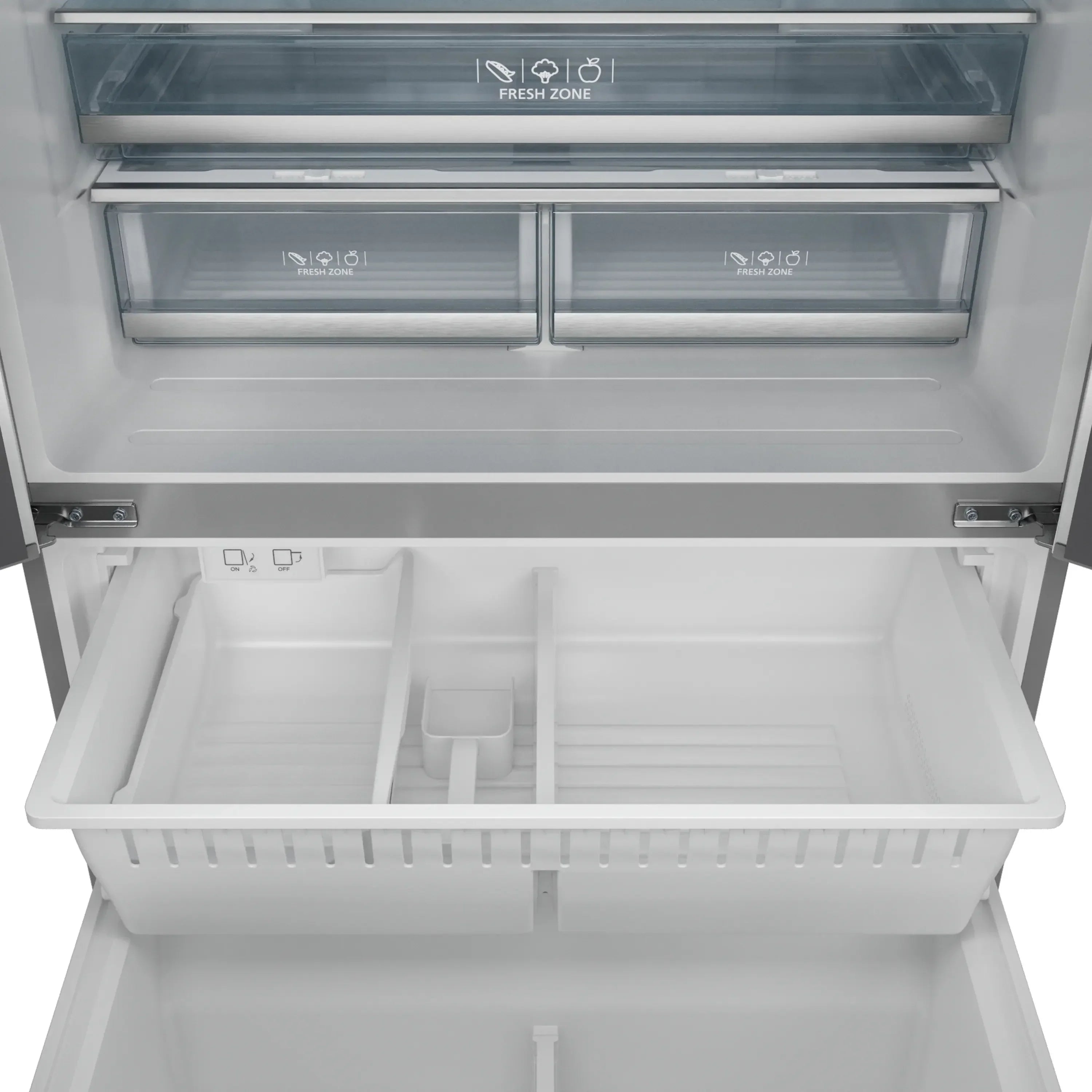Refrigerator freezer drawer with wire shelves and compartments, door open