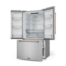 French door counter-depth refrigerator, stainless interior shelves and rose-gold handle