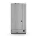 Stainless French door refrigerator with rose-gold vertical handles and dispenser area