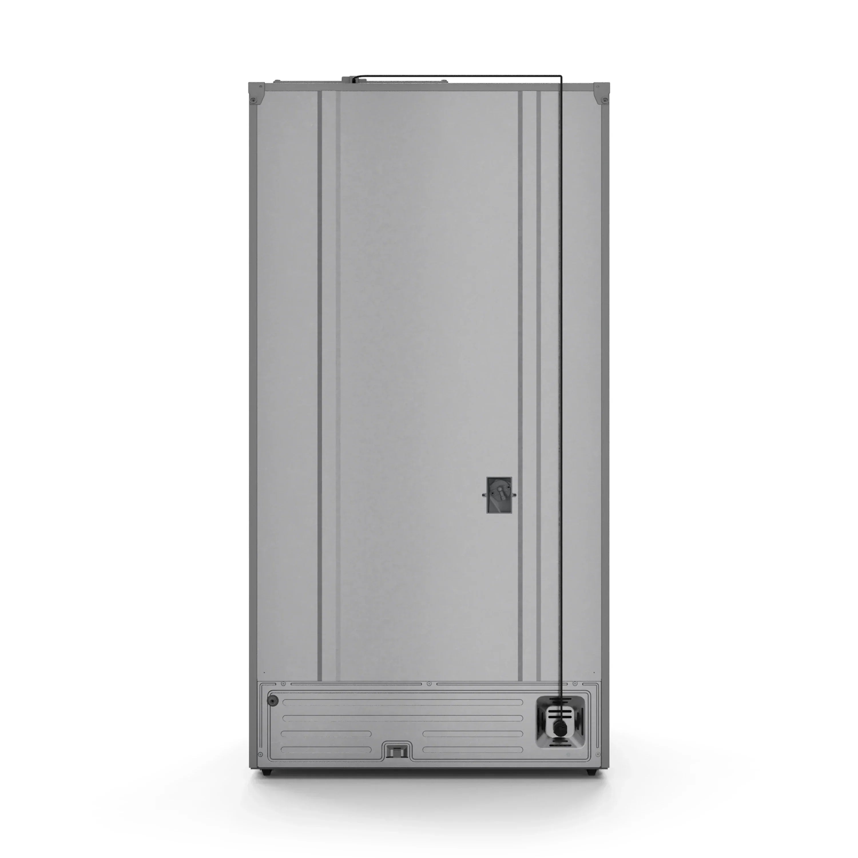 Stainless French-door refrigerator with closed doors and side trim handle