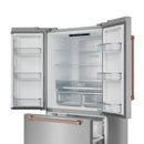 French door refrigerator open to show glass shelves, bins, and rose-gold side handle
