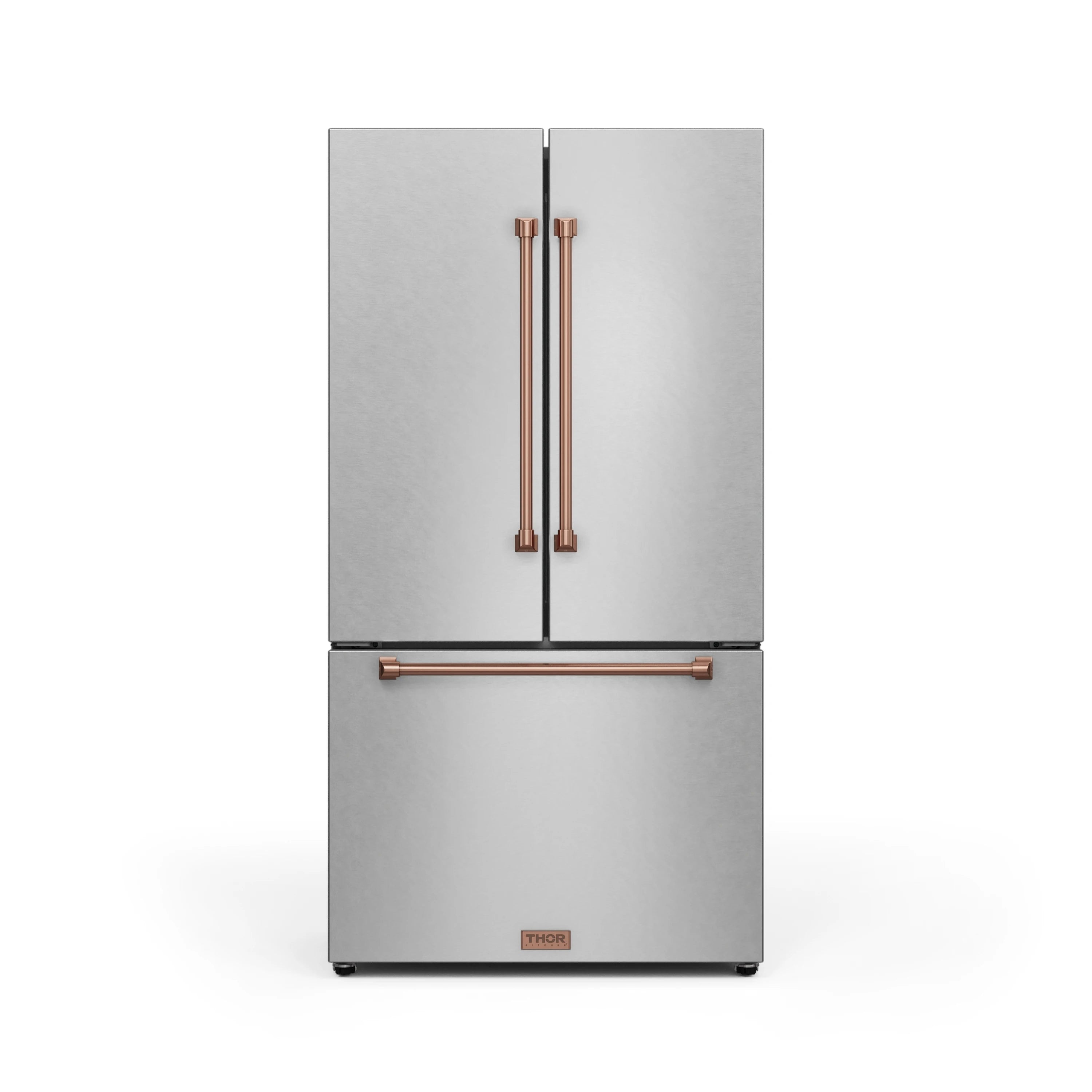 Stainless double-door refrigerator with rose-gold horizontal and vertical handles