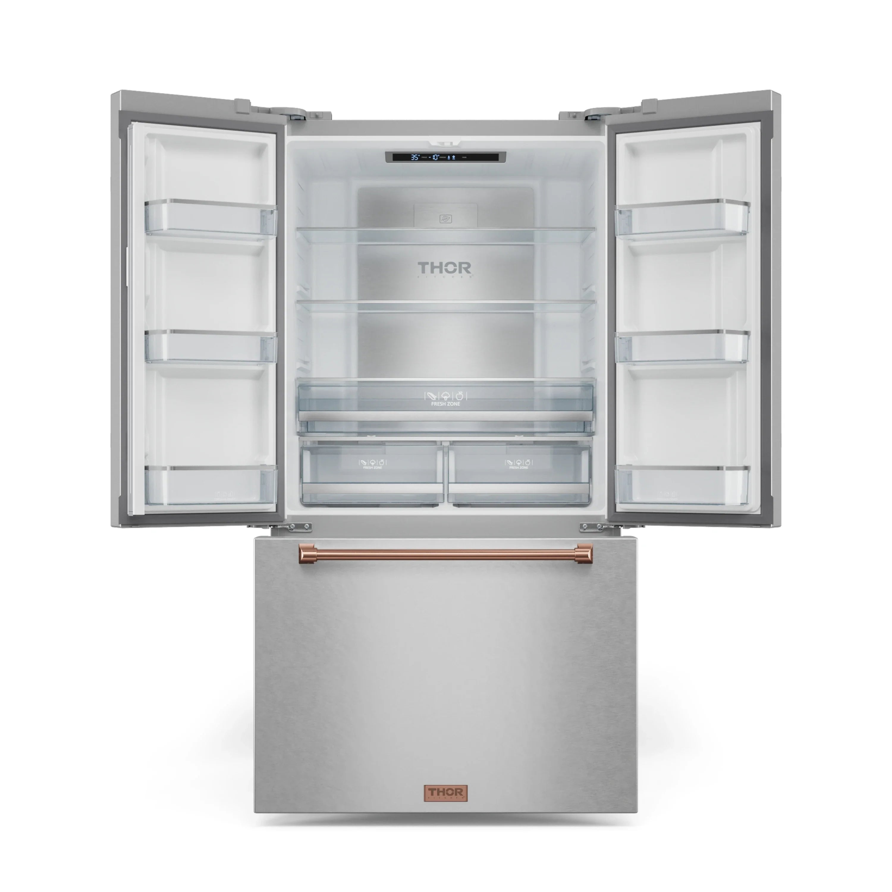 Stainless refrigerator with doors open showing interior shelves and crispers