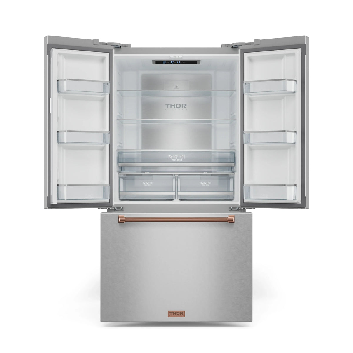 Stainless steel refrigerator with open doors showing interior shelves, bins, and drawer