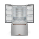 French door refrigerator open with interior shelves and rose-gold bottom drawer handle