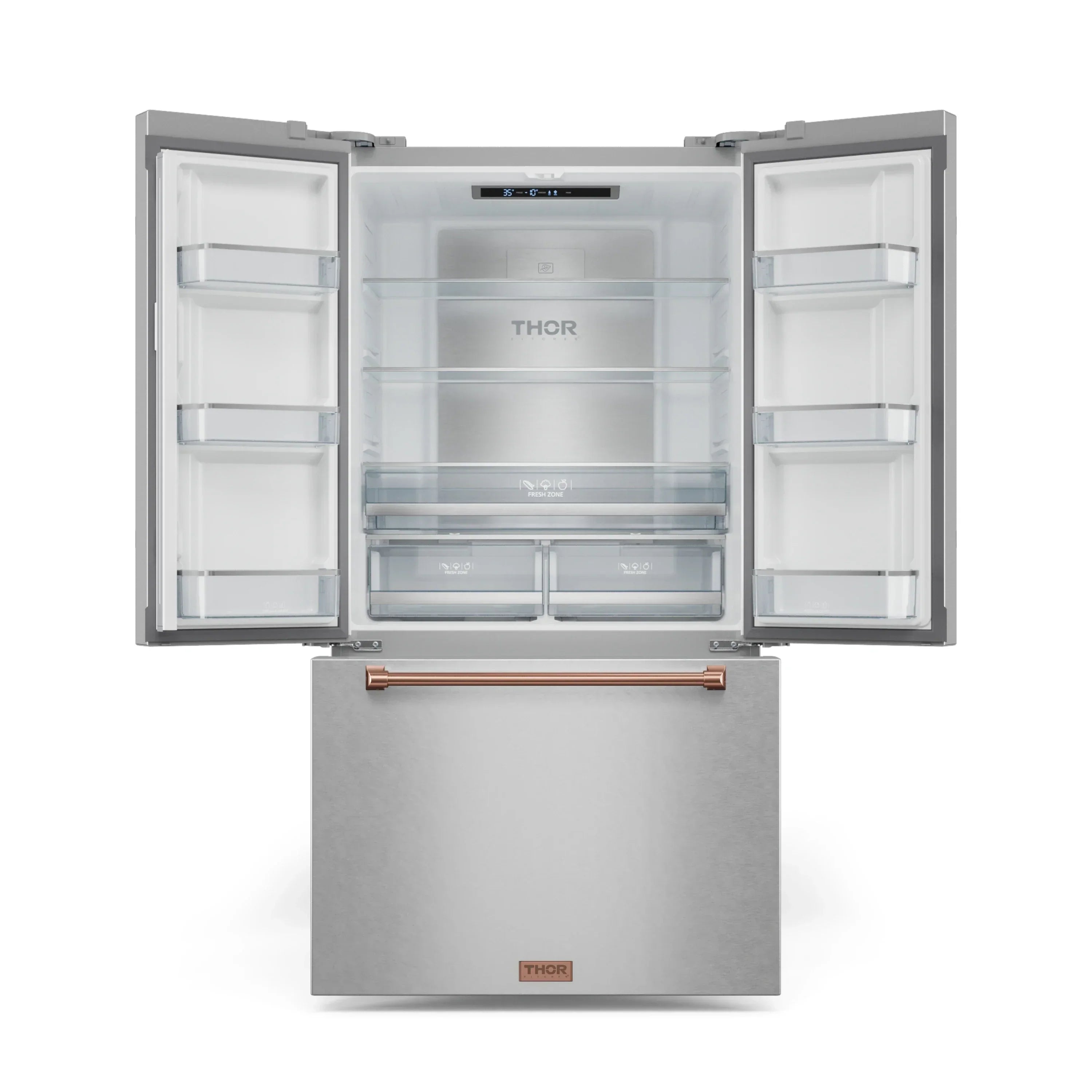 Stainless French door refrigerator with open doors, shelves, and drawer compartments
