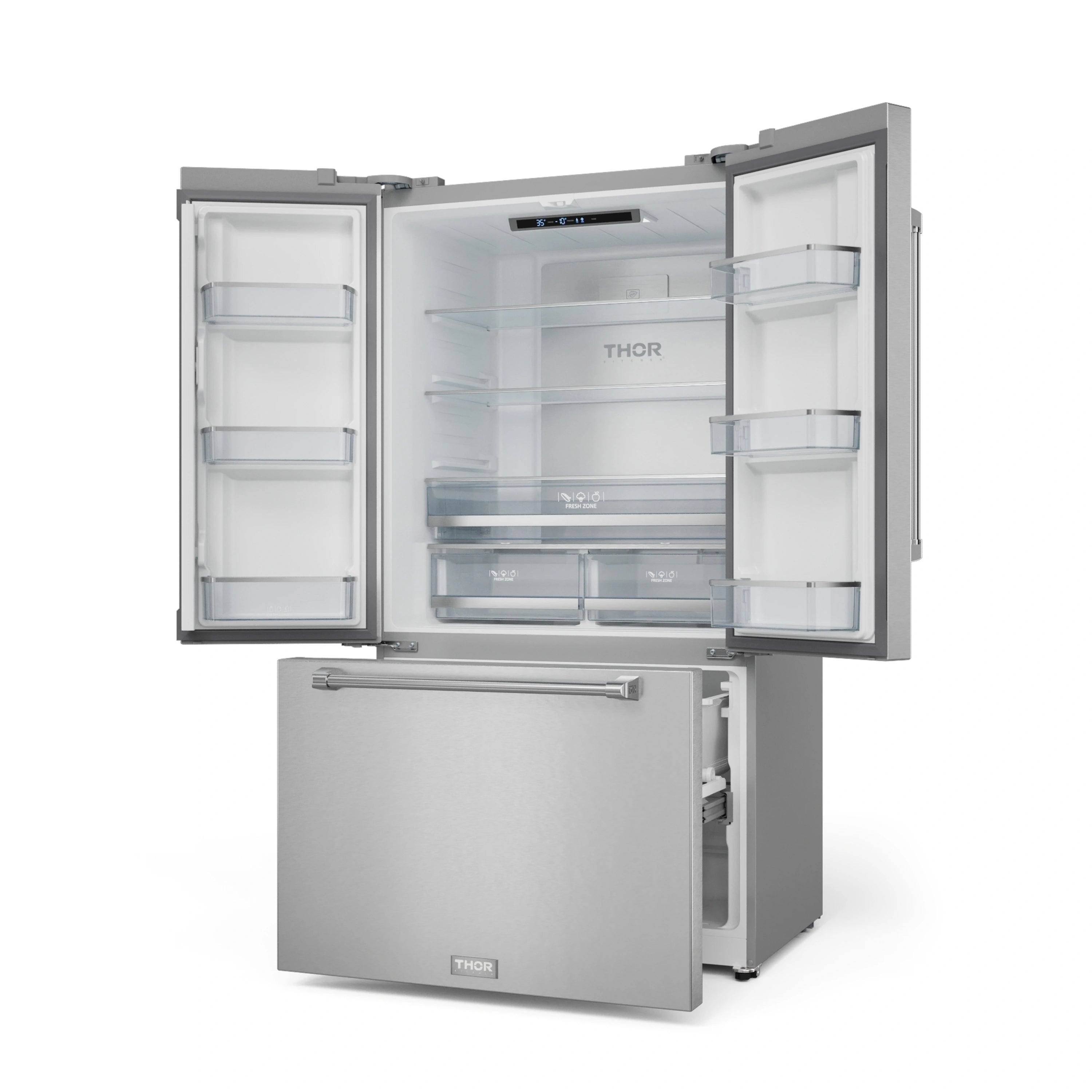 Stainless steel French door refrigerator with both doors open to reveal interior shelves
