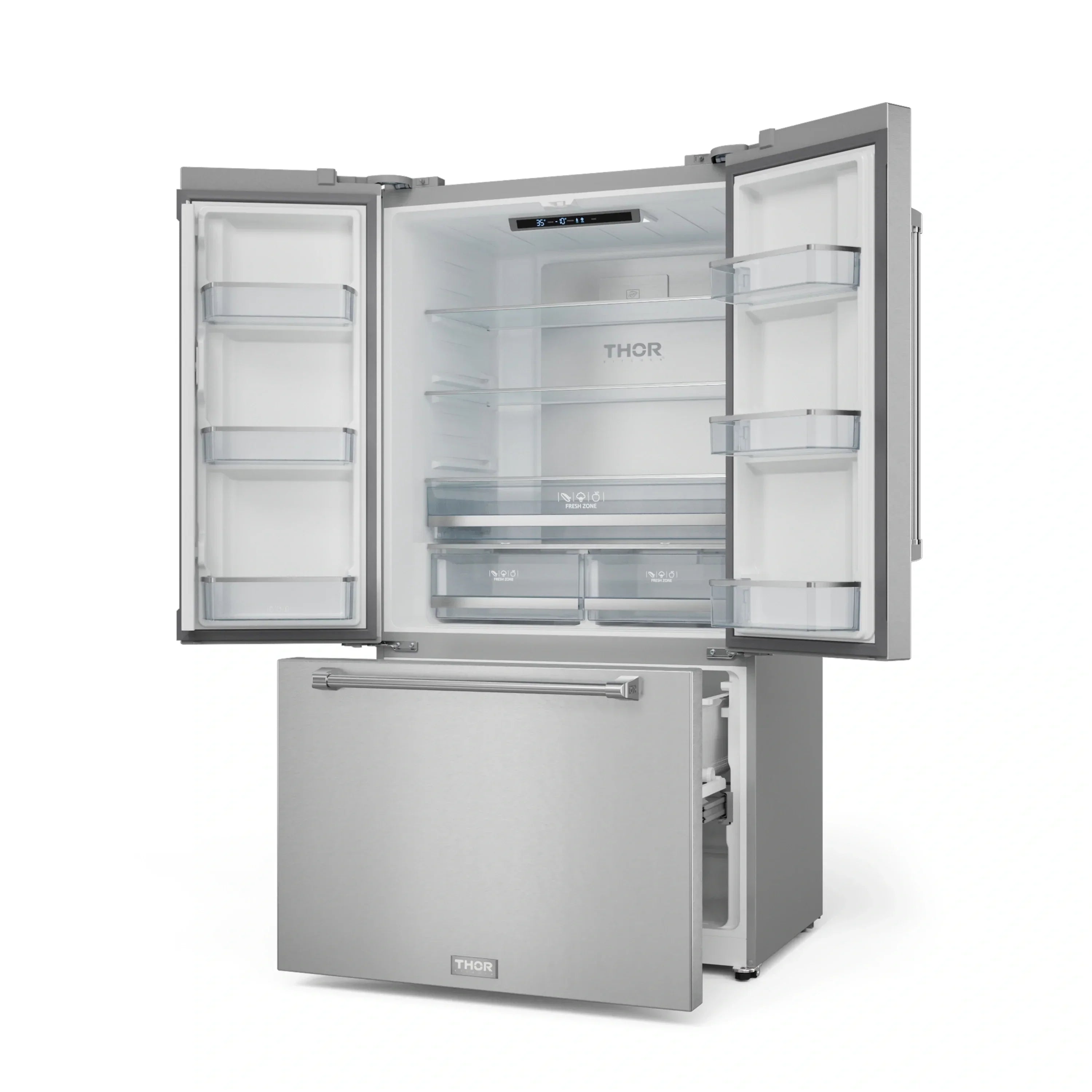 Stainless refrigerator-freezer with open right door, glass shelves and bins