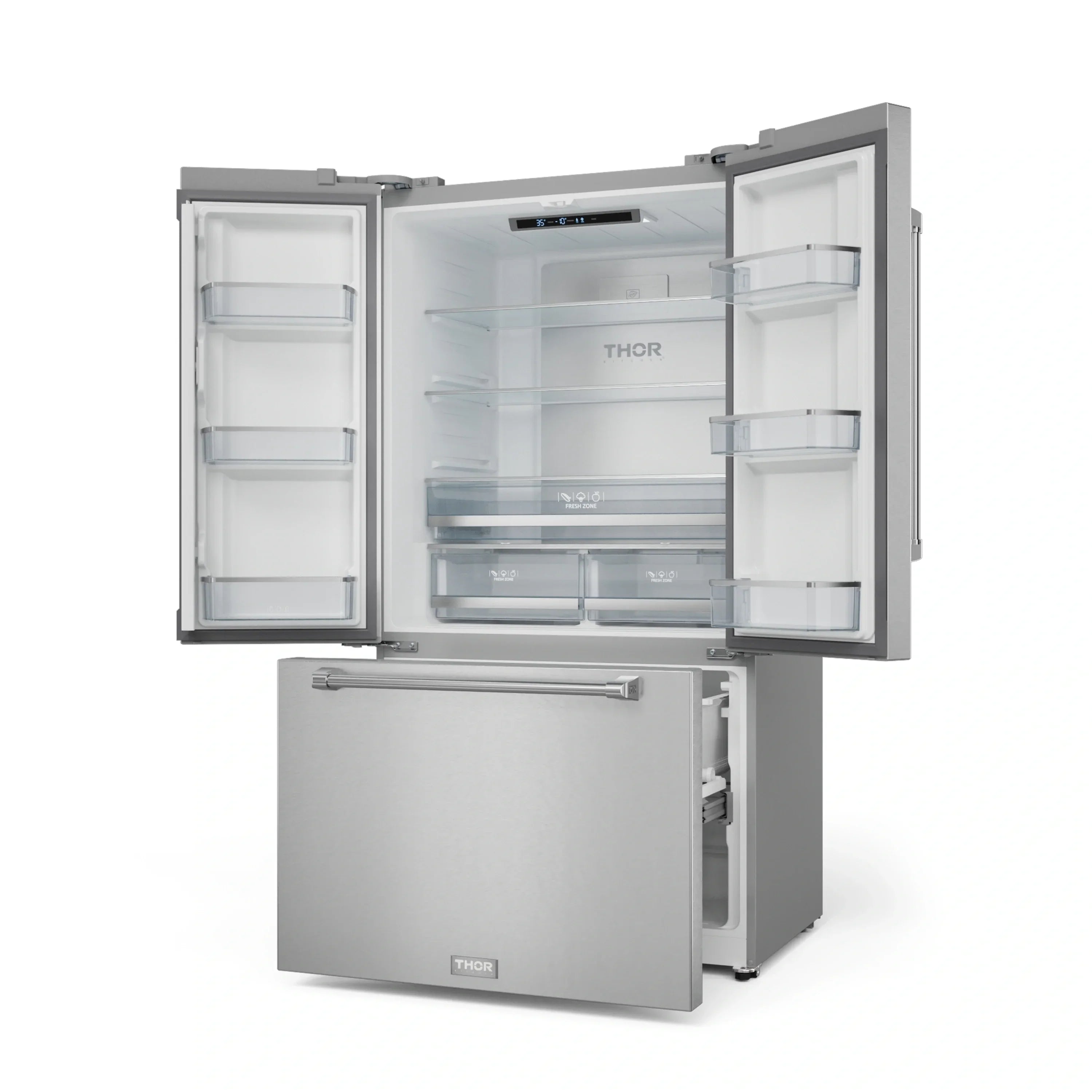 Stainless steel French door refrigerator with open doors and adjustable side bins