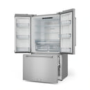 Stainless steel French door refrigerator with both doors open to reveal interior shelves