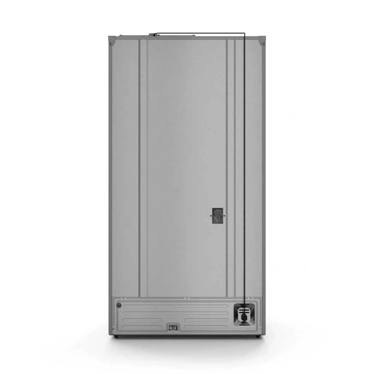 Stainless steel refrigerator with vertical handles, flat door, and bottom access panel