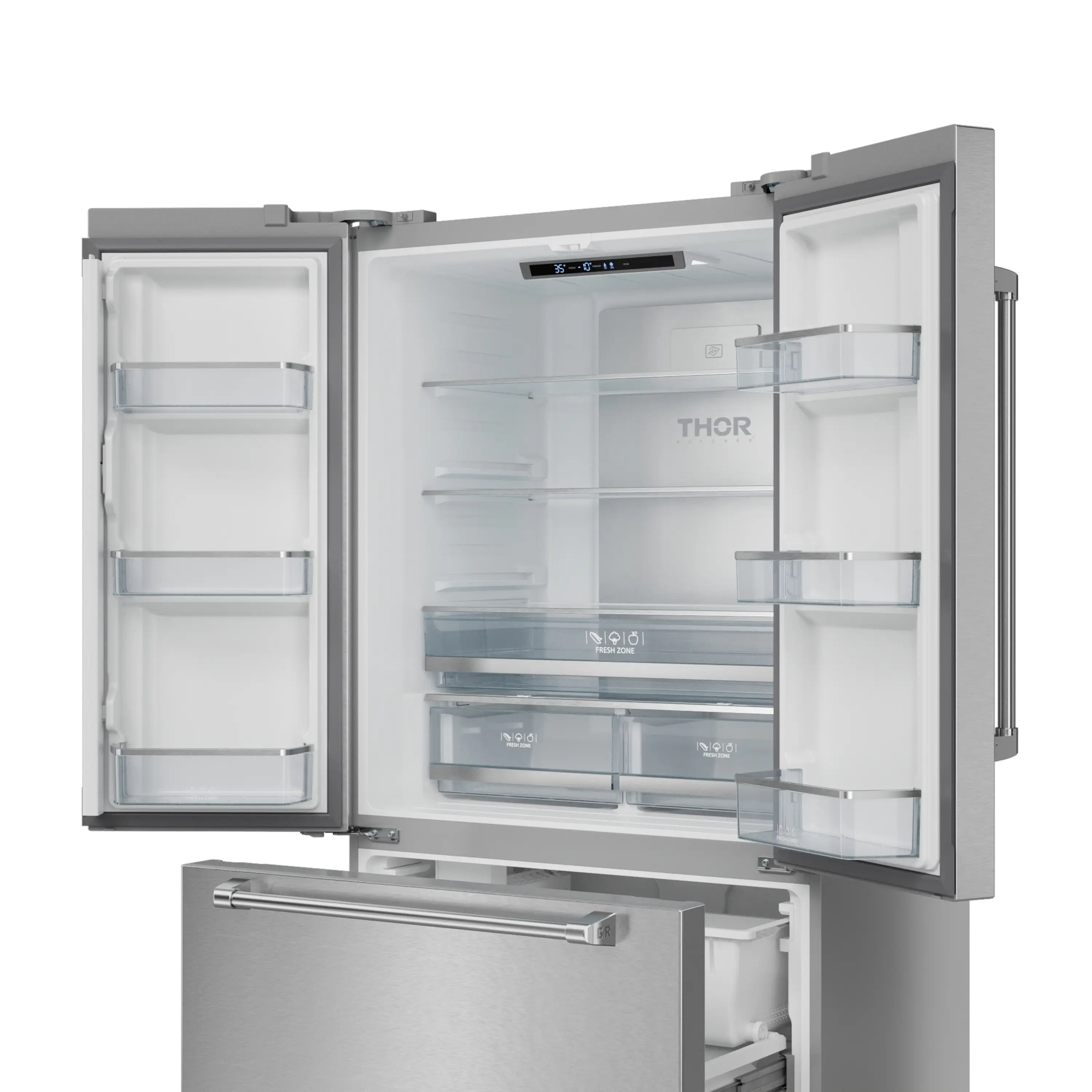 French door refrigerator interior view with adjustable glass shelves and door storage