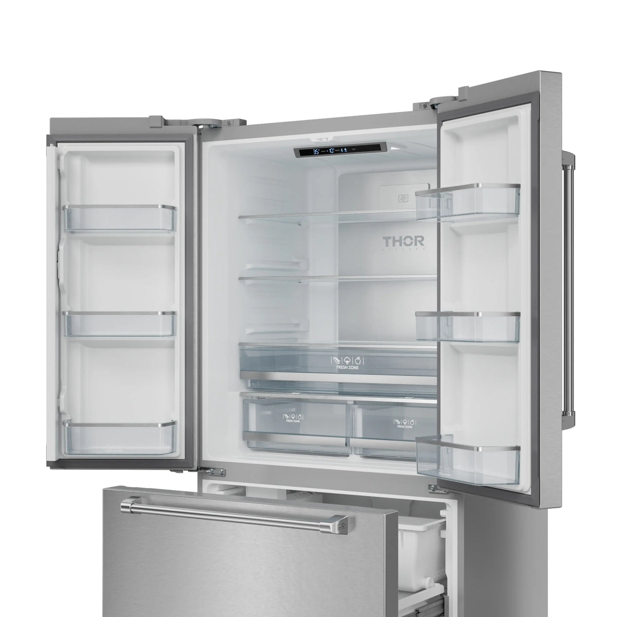 Stainless steel refrigerator with open doors showing shelves, bins, and freezer drawer
