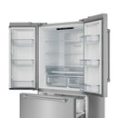 French door refrigerator interior view with adjustable glass shelves and door storage