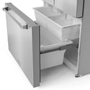 Refrigerator freezer drawer open with white bins and ice maker compartment