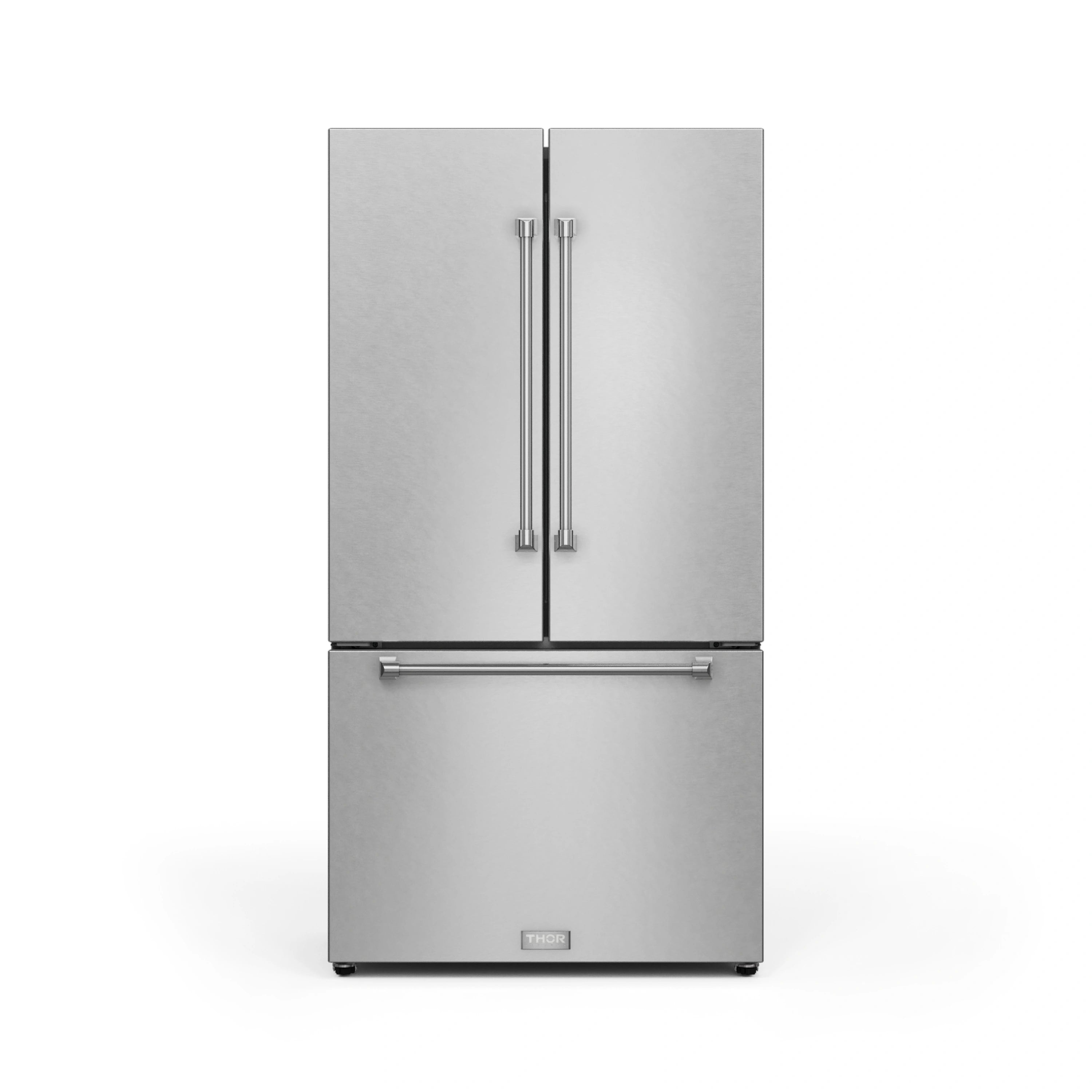 Stainless steel French door refrigerator with slim dispenser handles on top doors