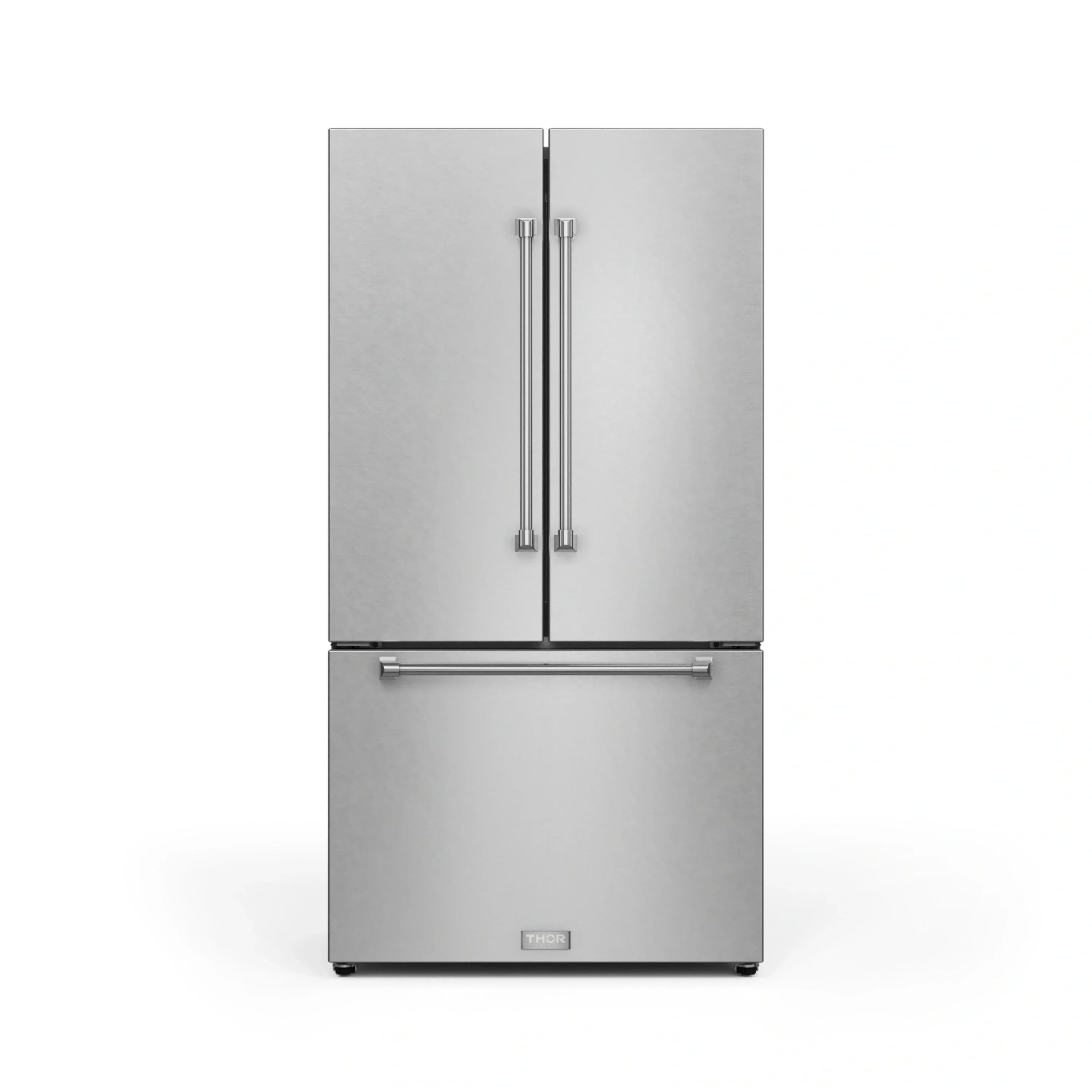 Stainless French-door refrigerator with top freezer doors and bottom cabinet