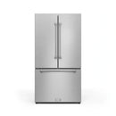 Stainless steel French door refrigerator with slim dispenser handles on top doors