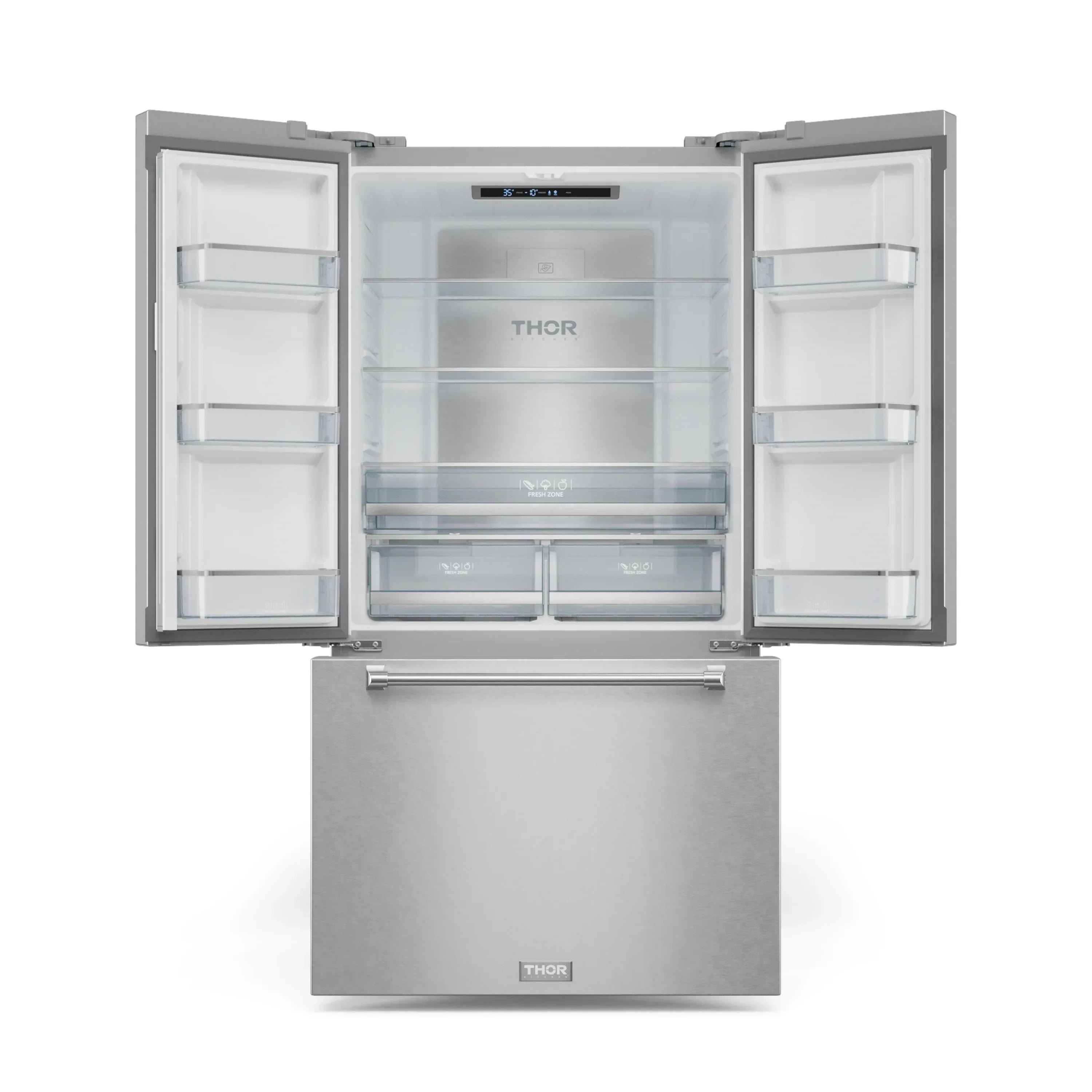 Stainless steel French door refrigerator with open doors and interior glass shelves