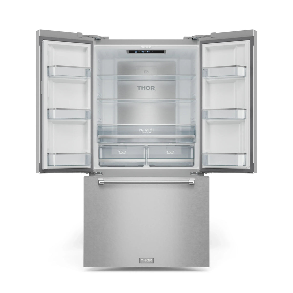 Stainless steel refrigerator with open doors, shelves, and drawer compartments