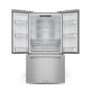 Stainless French door refrigerator with central glass shelf and side door bins