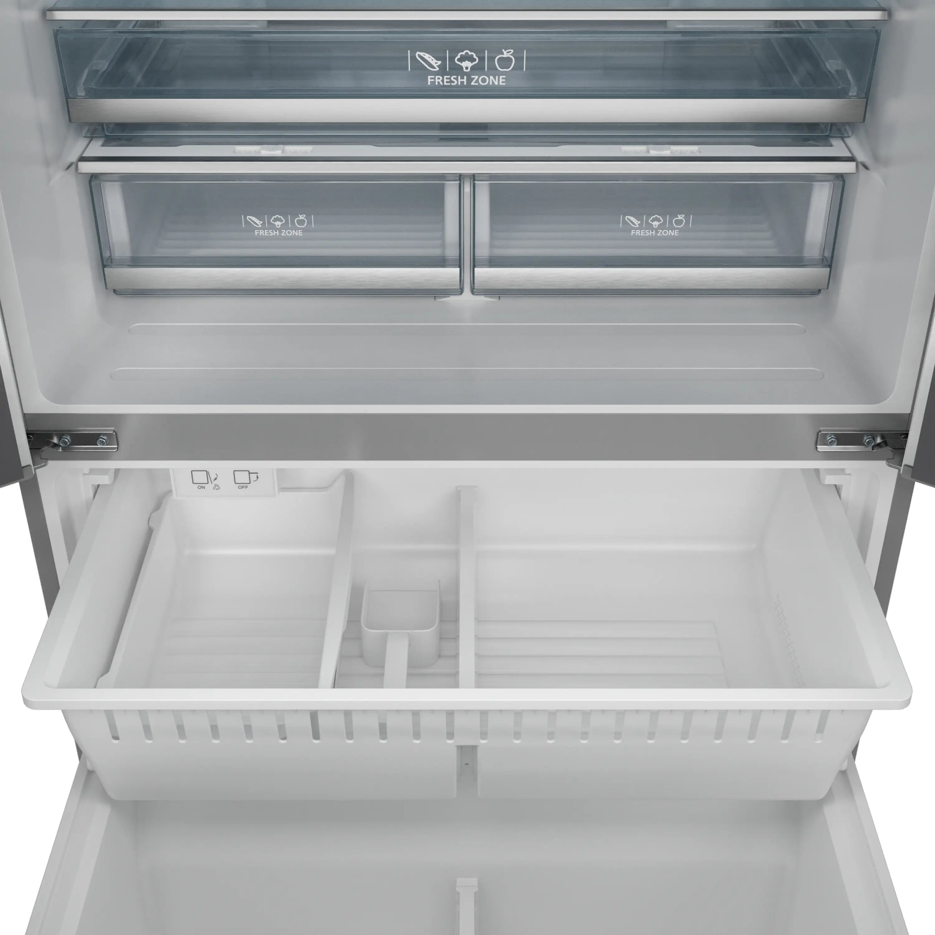 Open freezer section with drawer interior and Fresh Zone controls