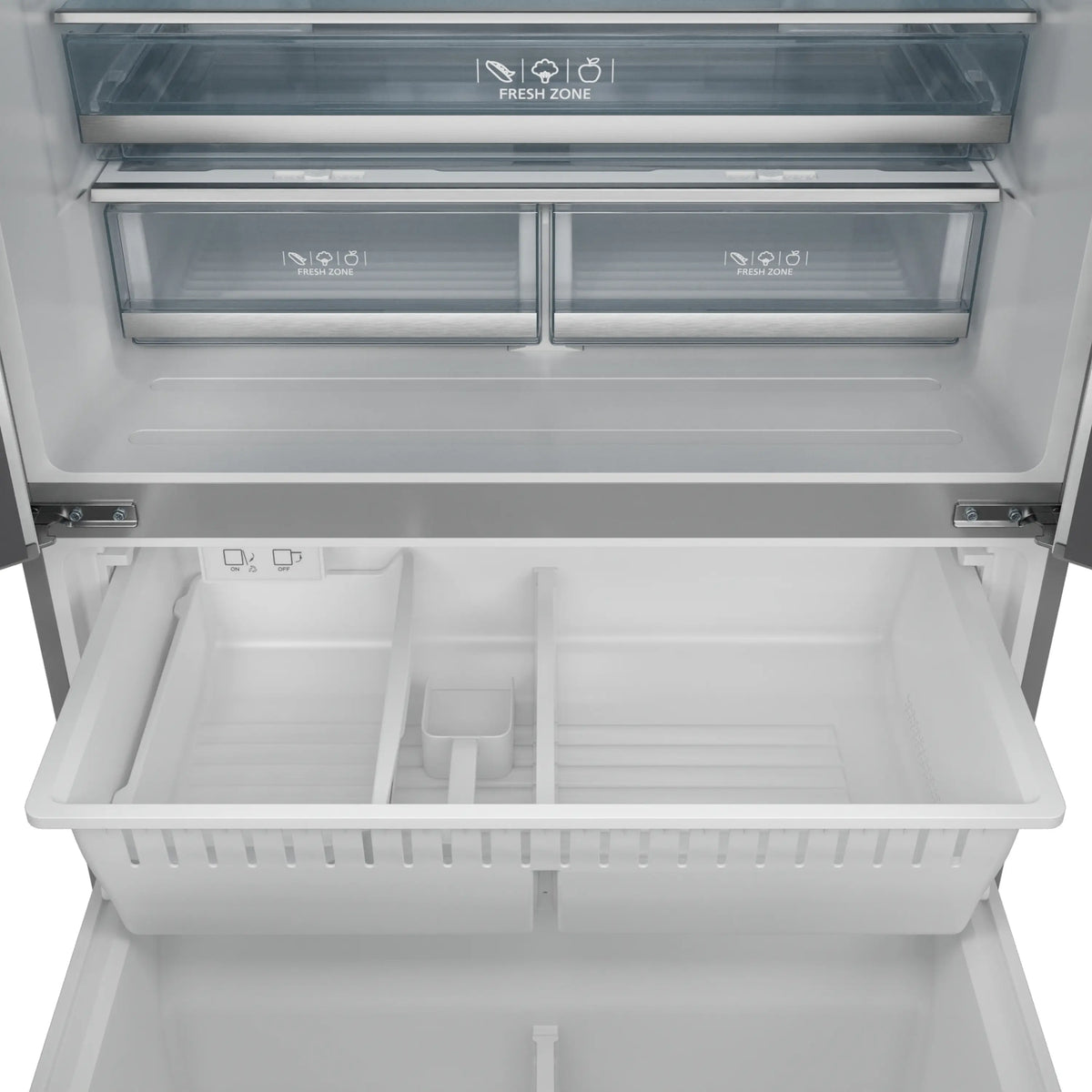 Refrigerator interior with multiple glass shelves, drawers, and fresh-zone controls