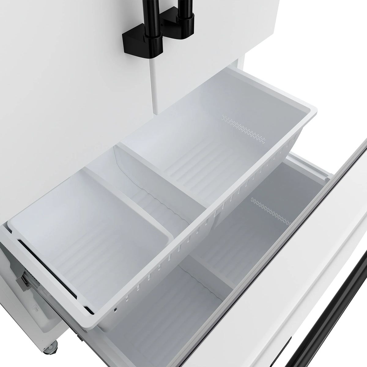 White French door counter-depth refrigerator with open freezer and fridge bins