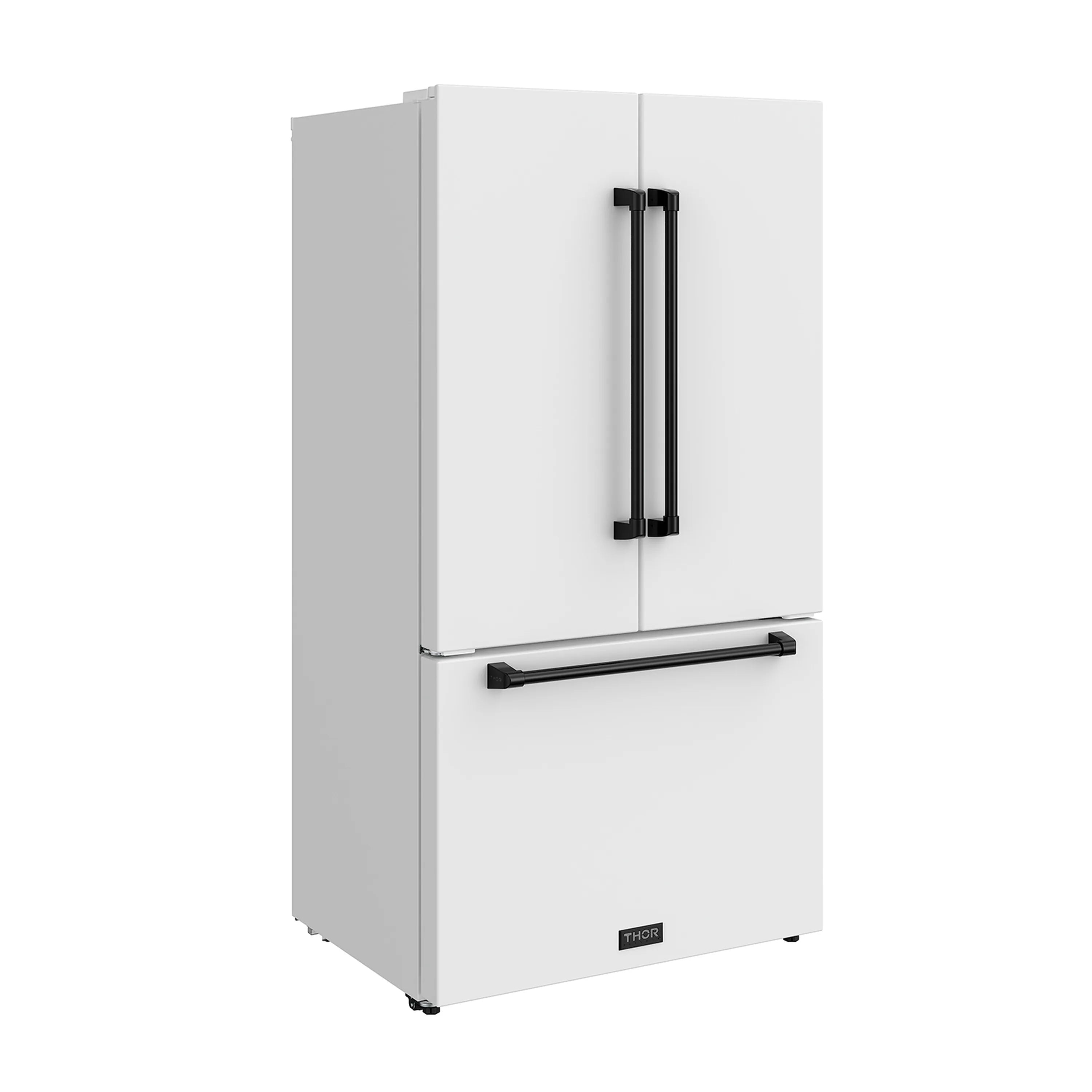 White French door refrigerator with black vertical handles and bottom freezer handle