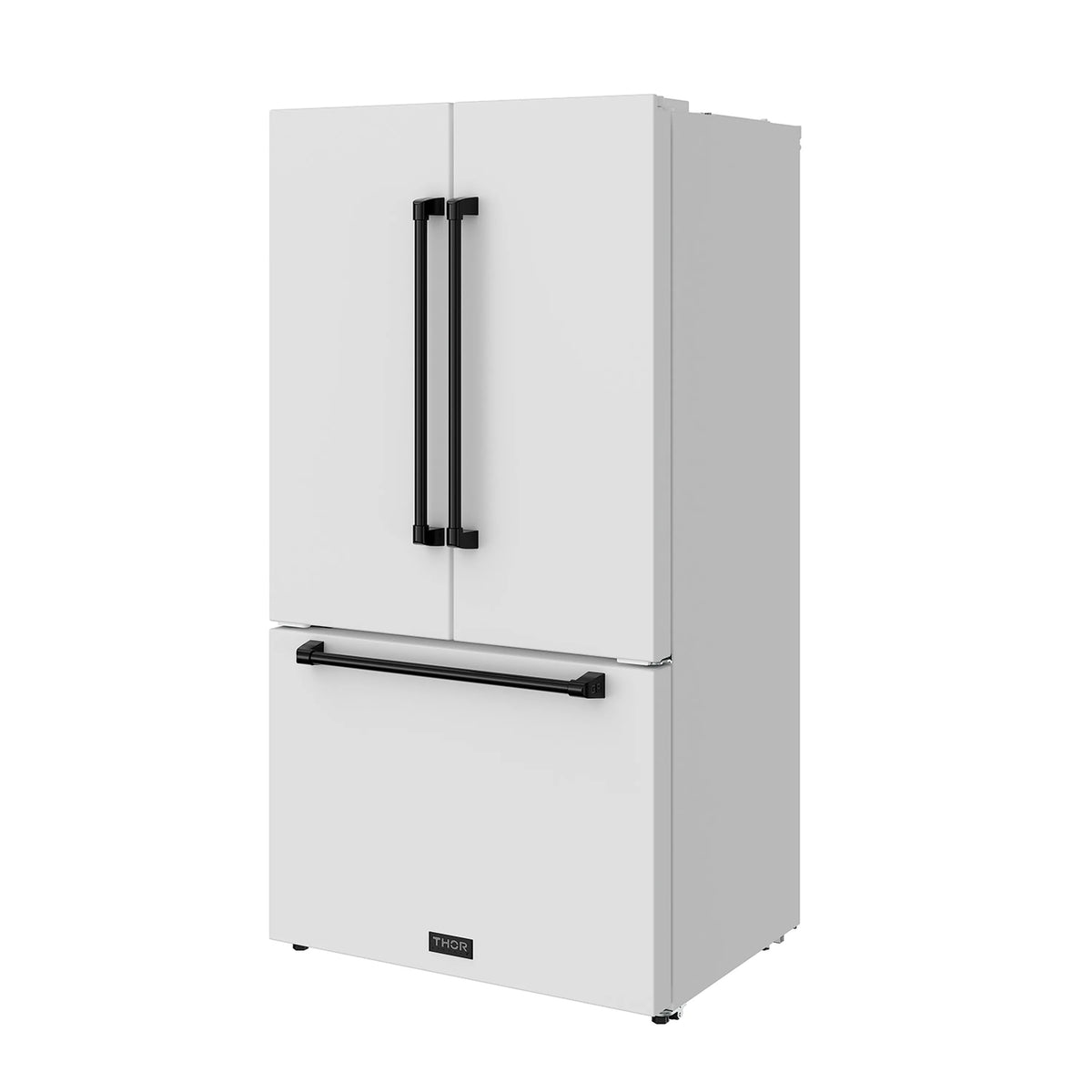 White French door refrigerator with black handles, closed doors, and bottom freezer door
