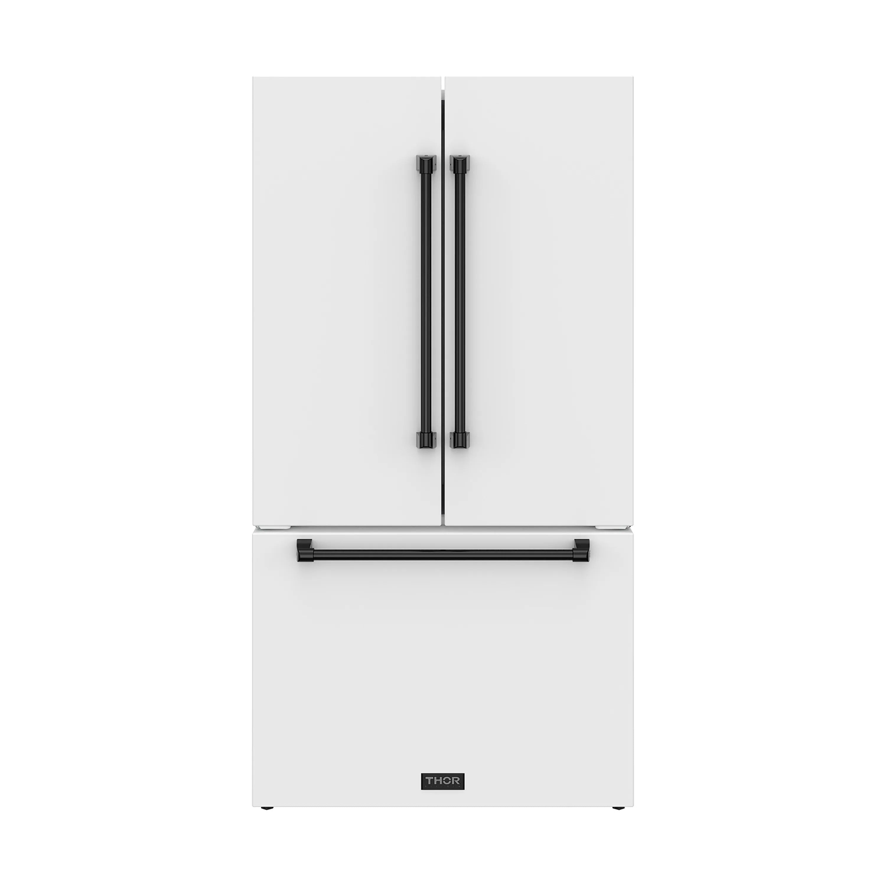 White French door refrigerator with black vertical handles and bottom freezer handle
