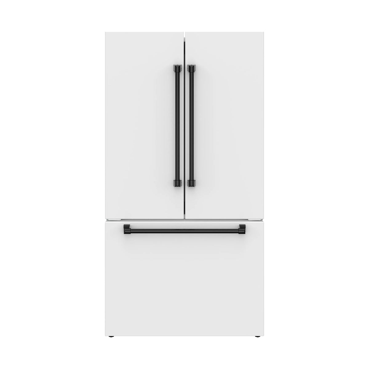 White French door refrigerator front view with black handles and flat bottom freezer door