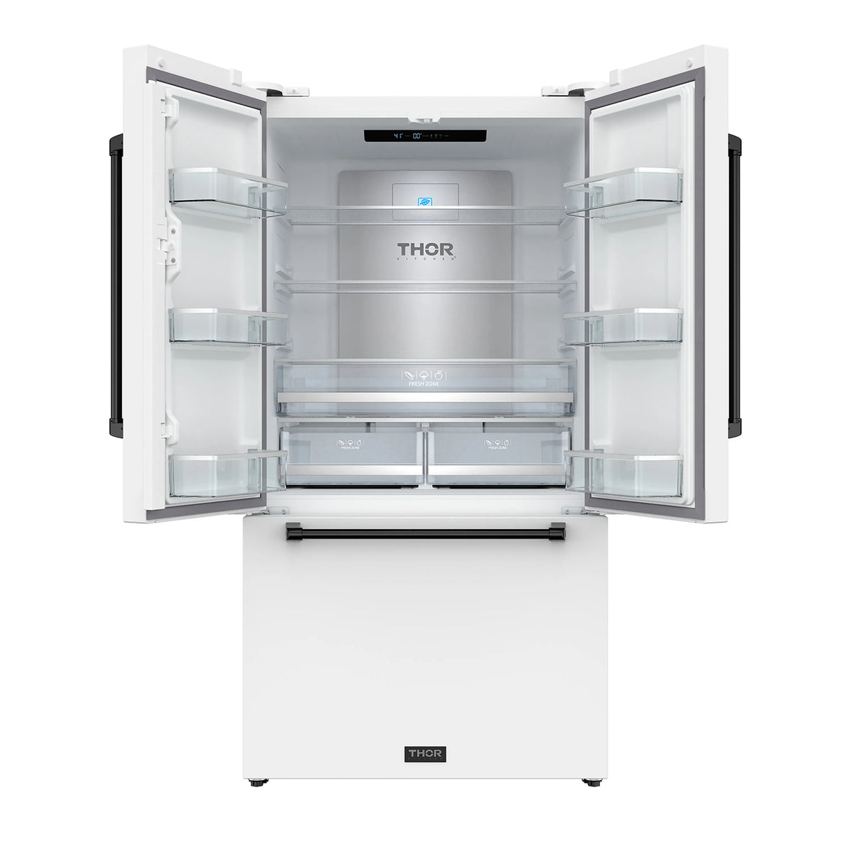 White French door refrigerator with both doors open, adjustable shelves and bins
