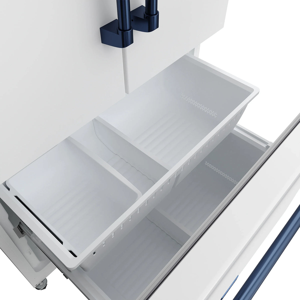 Bottom freezer drawer area with pull-out baskets and blue handle accents