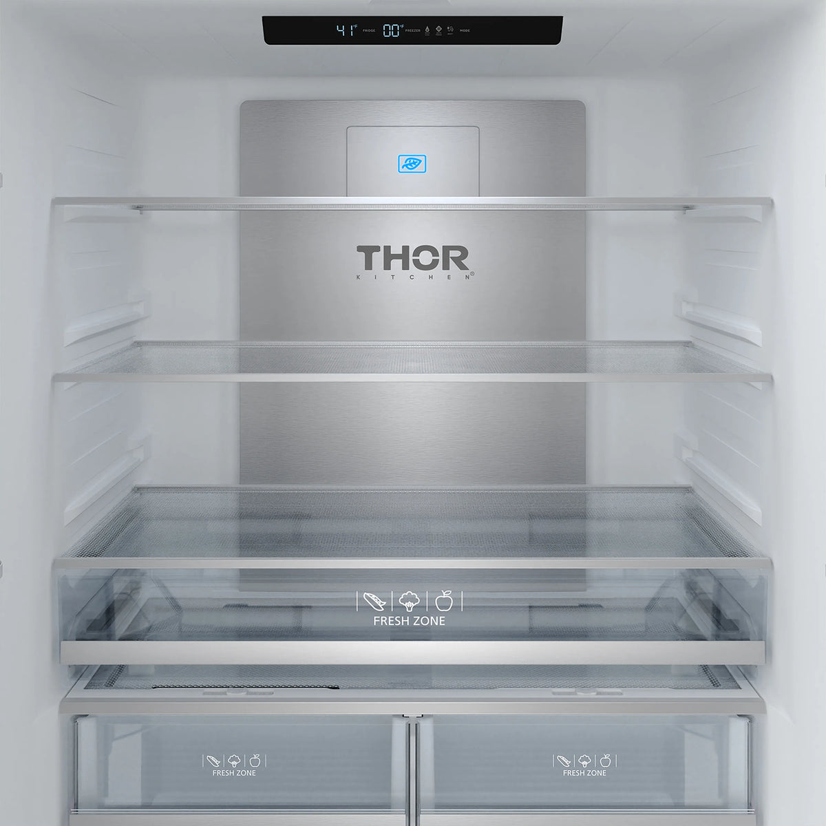 White counter-depth refrigerator interior with THOR badge, glass shelves, fresh zone drawer