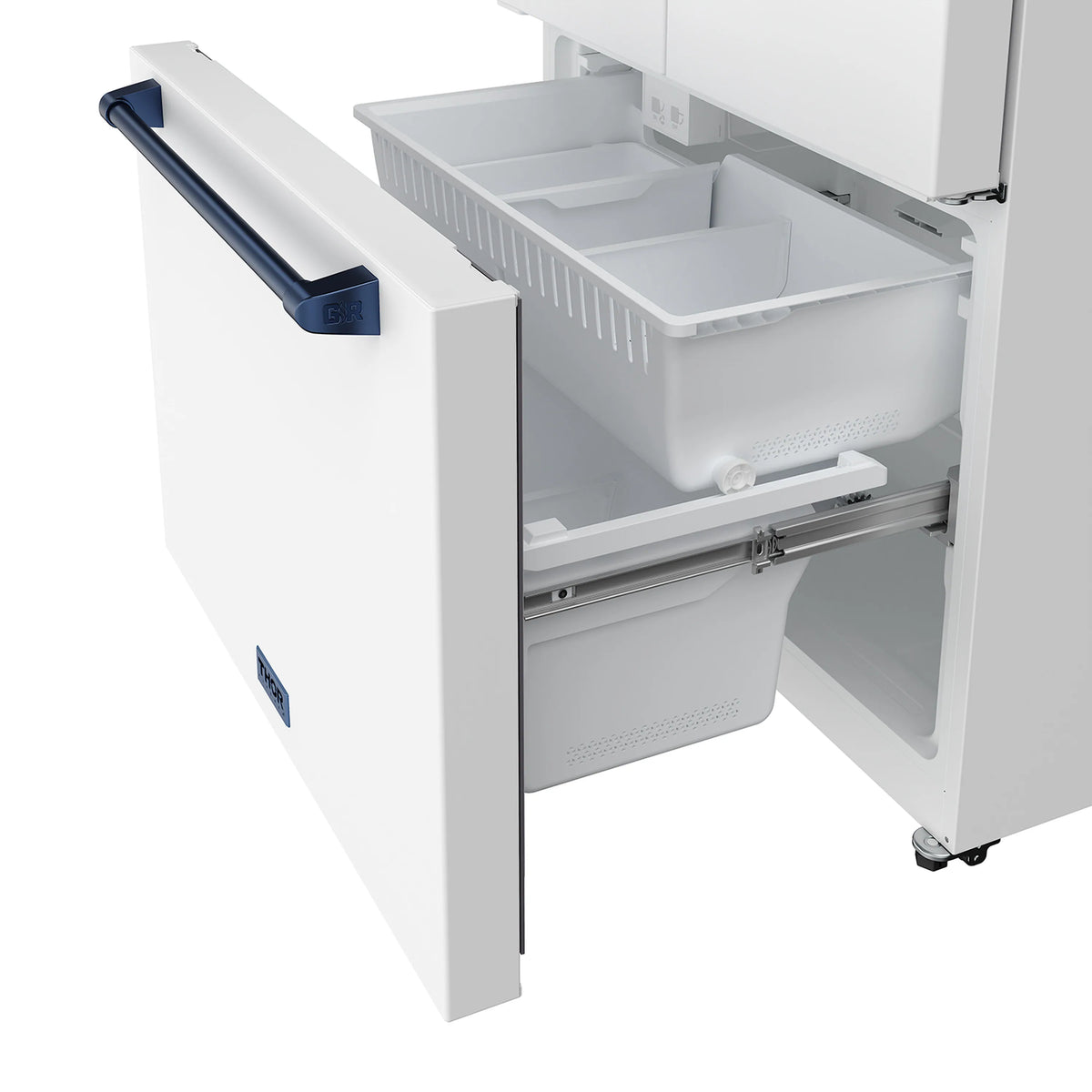Refrigerator door open to reveal bin compartments, handle, and interior drawers