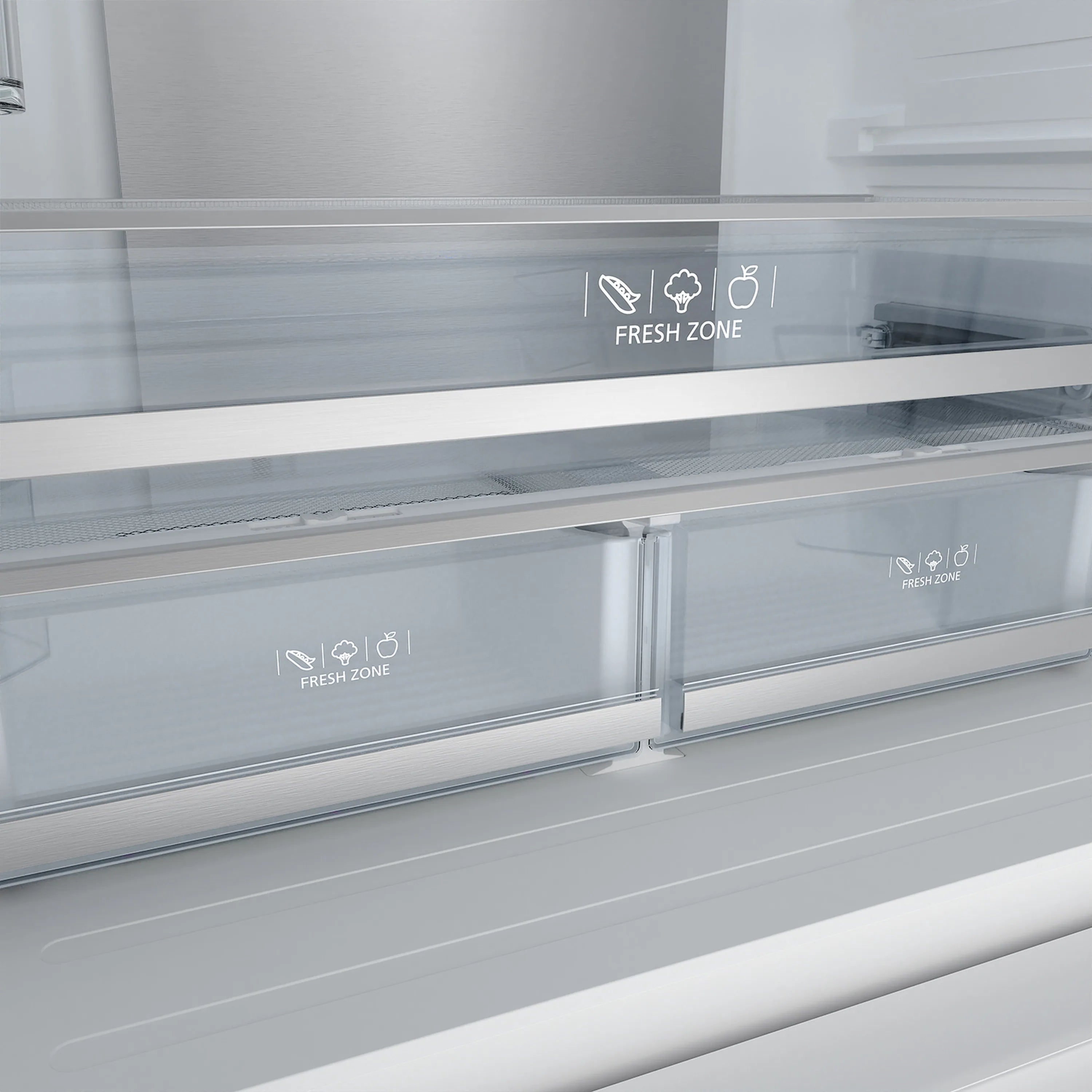 Refrigerator door interior shelf with Fresh Zone and Freeze Zone indicators