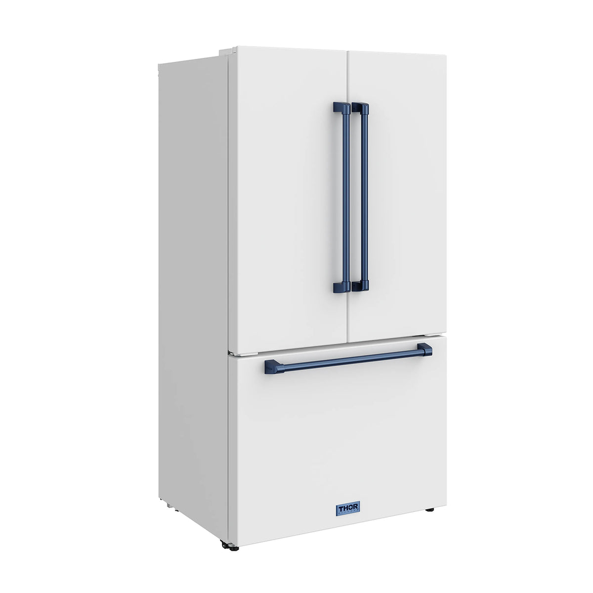 White French door refrigerator with blue vertical handles and lower dispenser bar