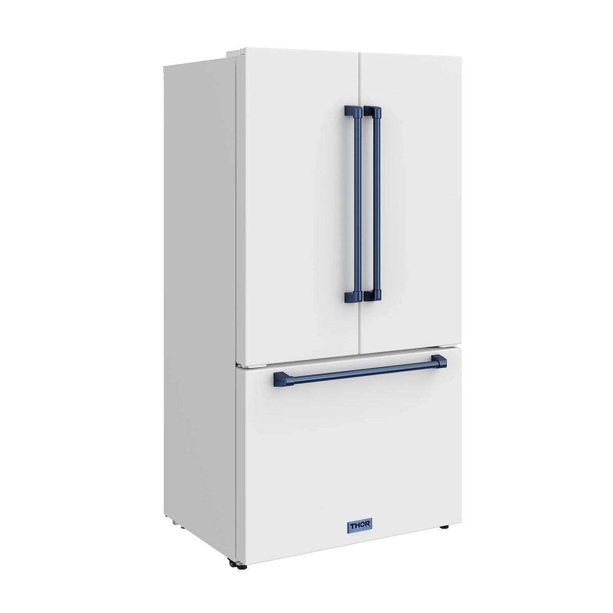White French door refrigerator with blue vertical handles and lower dispenser bar