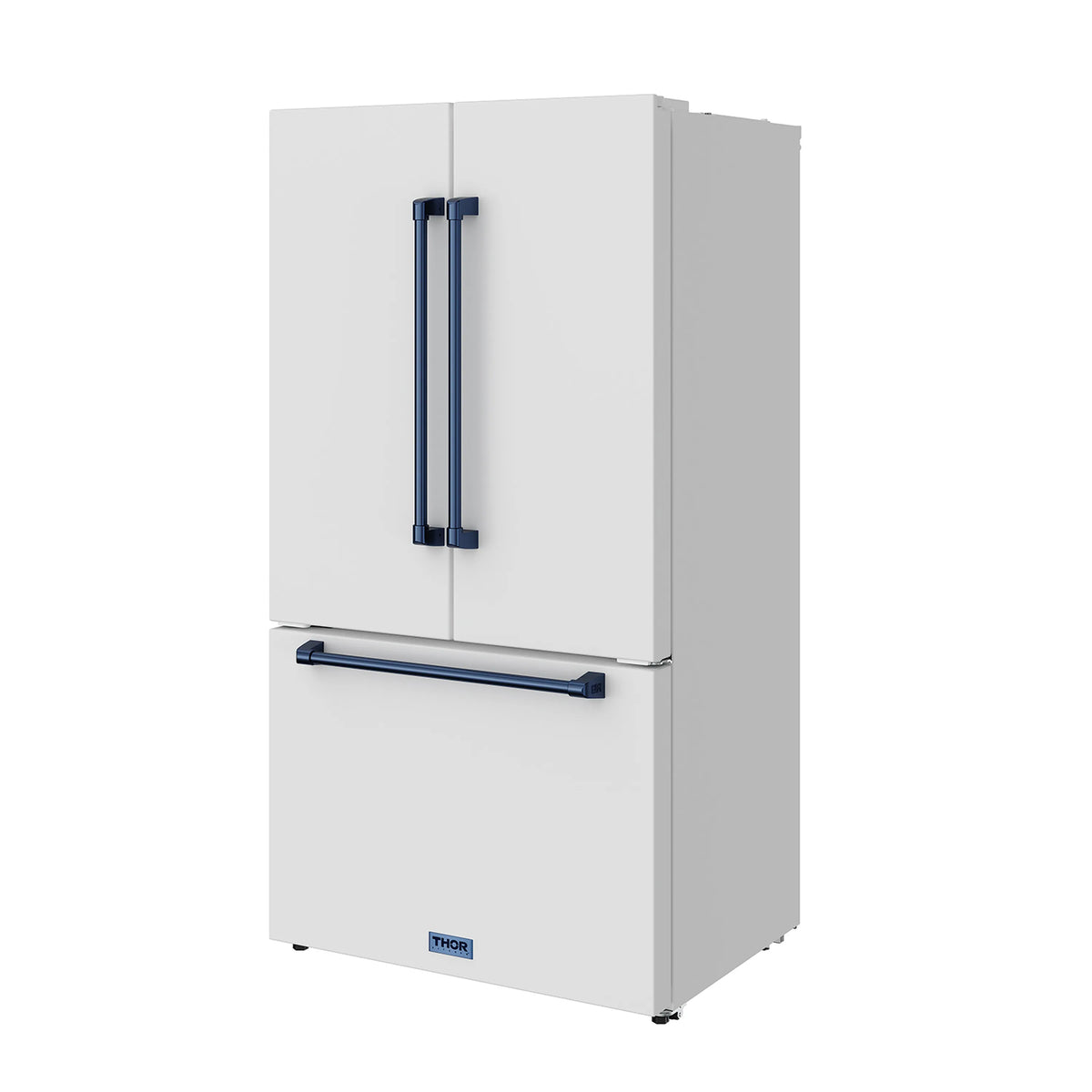 White French door refrigerator with blue handles; side view with closed doors