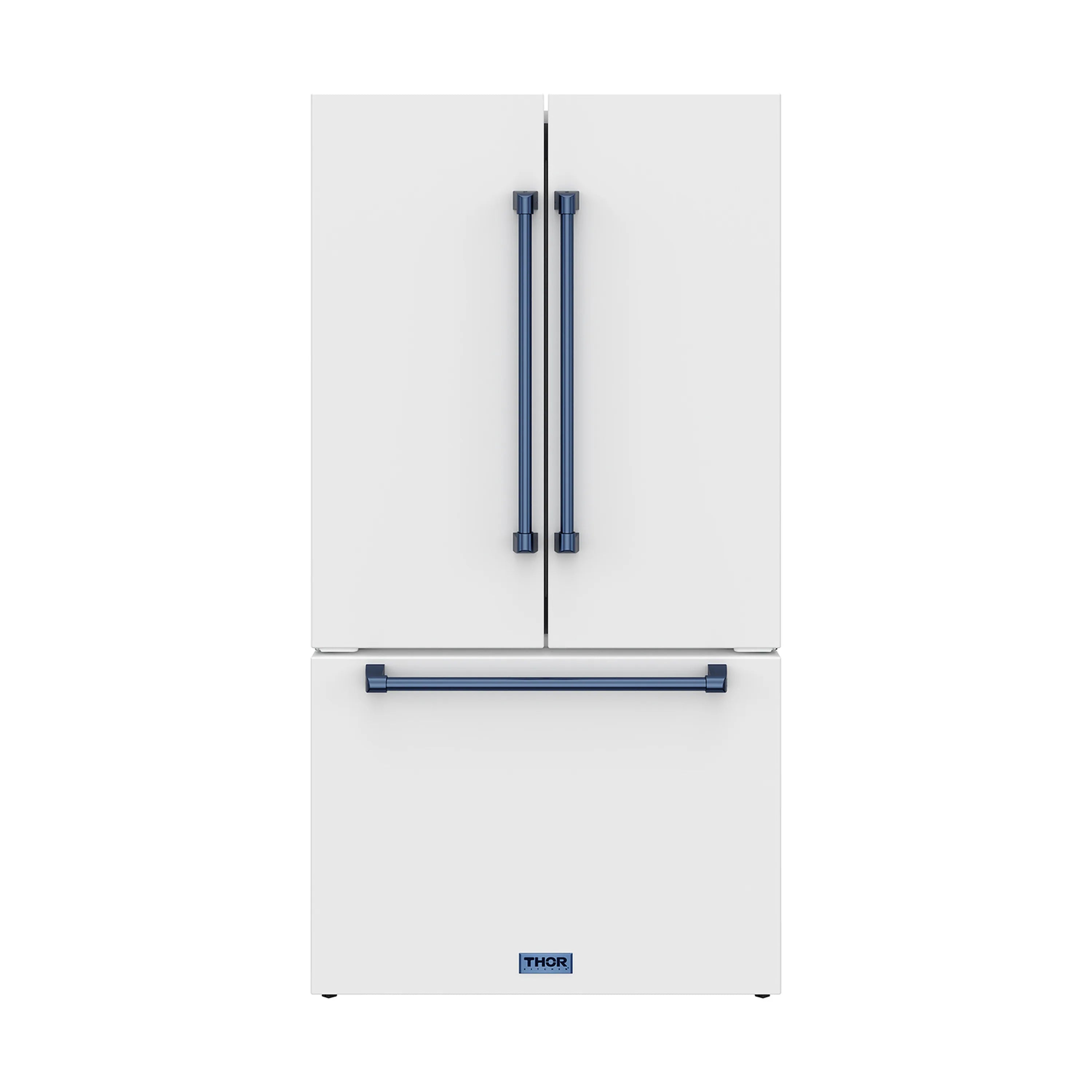 White counter-depth refrigerator with blue vertical handles, top doors, bottom freezer
