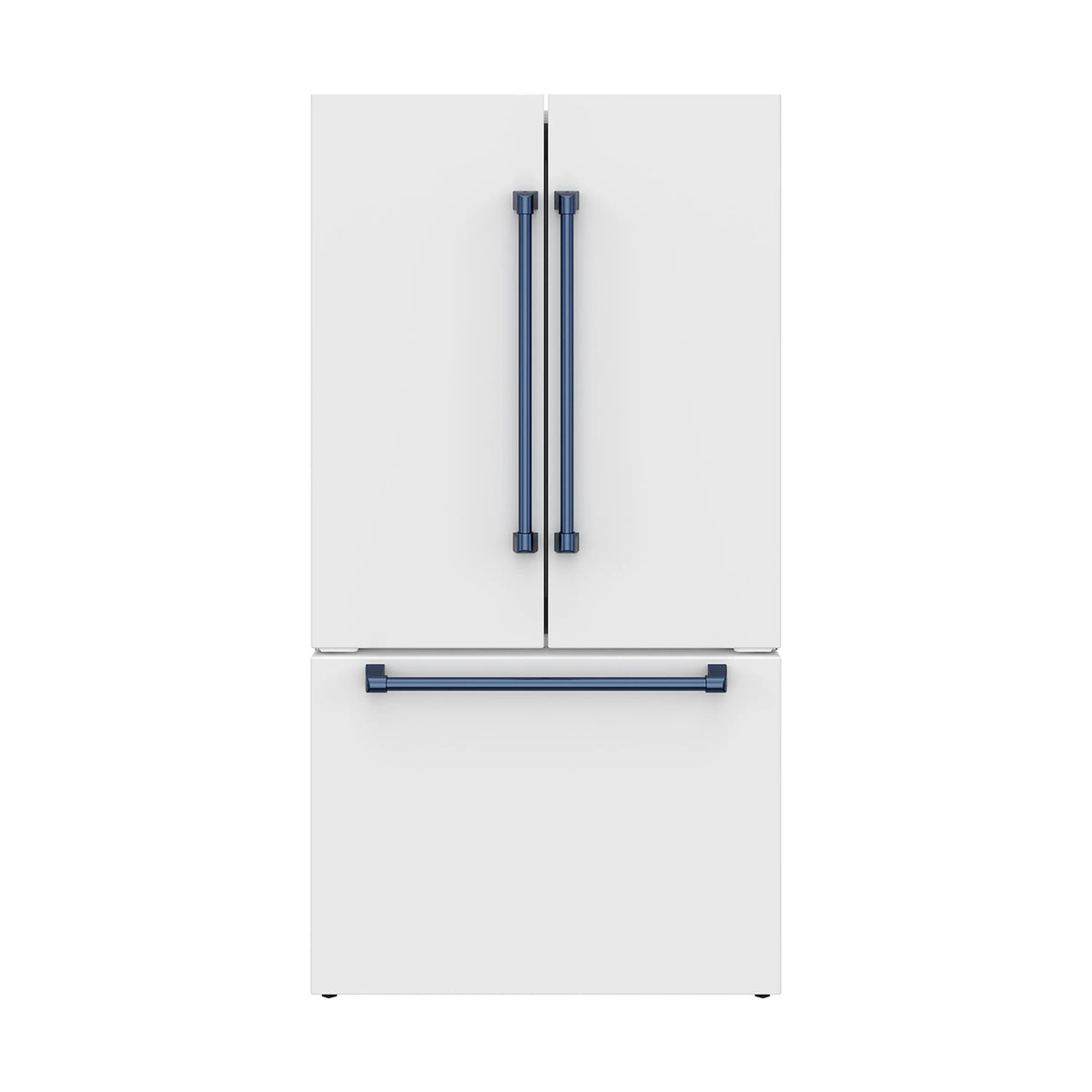 White French door counter-depth refrigerator with blue handles and dispenser bar