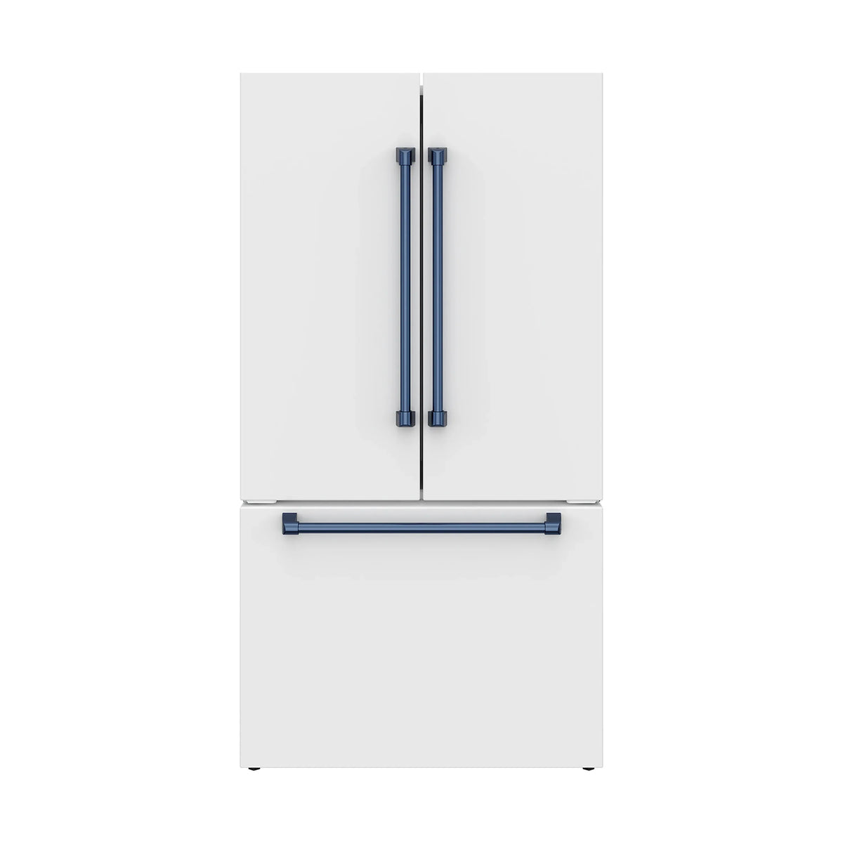 White French door counter-depth refrigerator with blue handles and dispenser bar