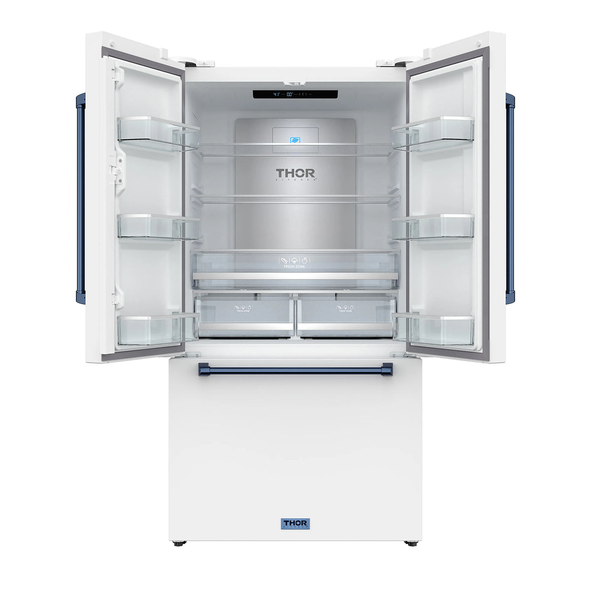 Open white French door refrigerator interior with shelves, drawers, and blue handles