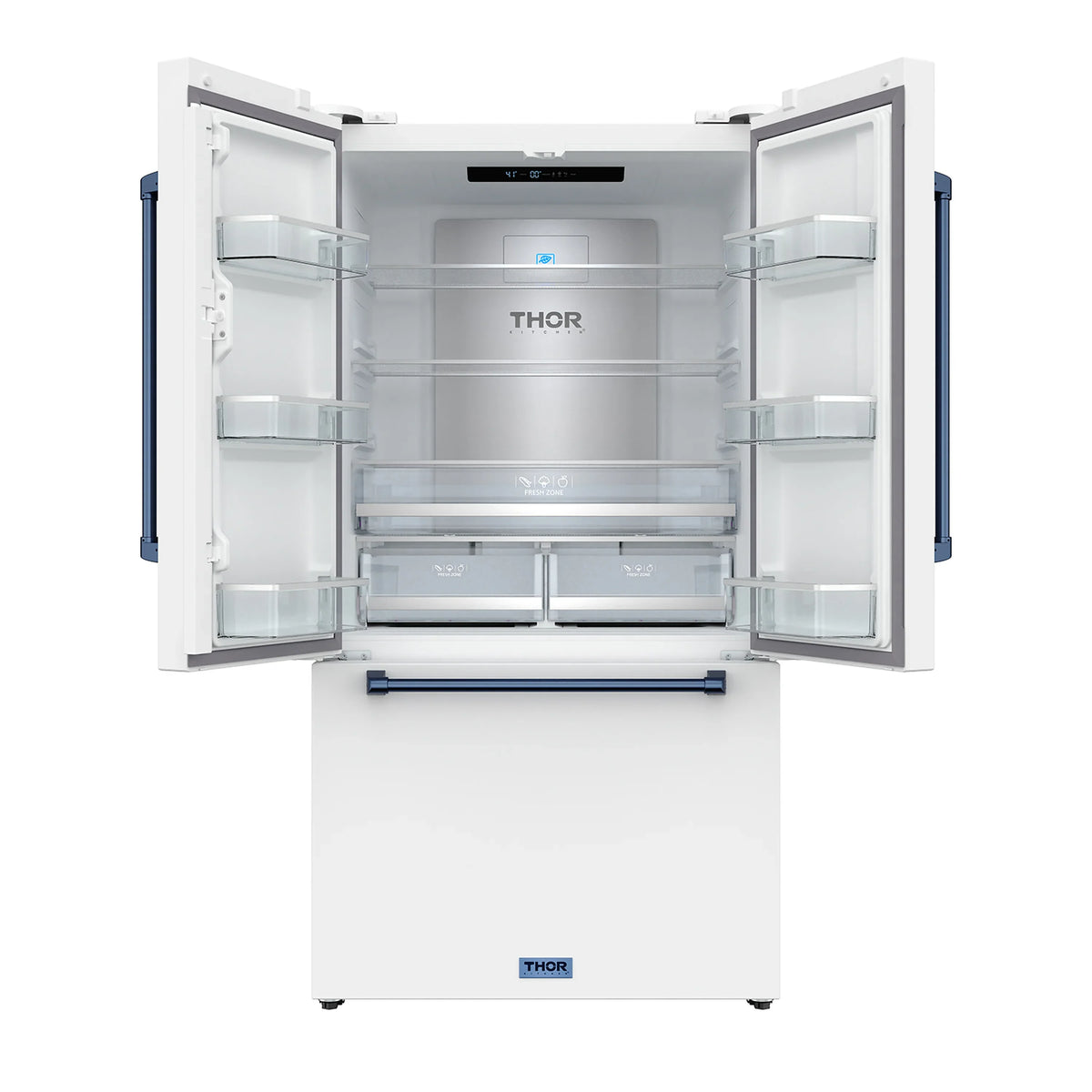 Open white French door refrigerator interior with shelves, drawers, and blue handles