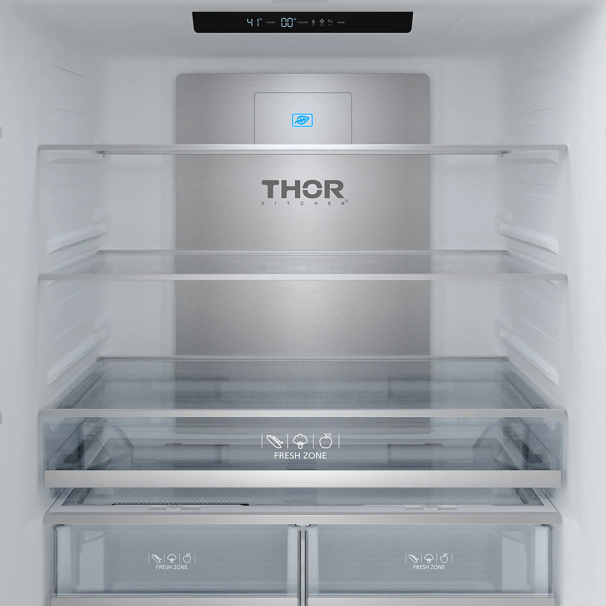 Refrigerator fresh zone area with THOR logo and glass shelf inside