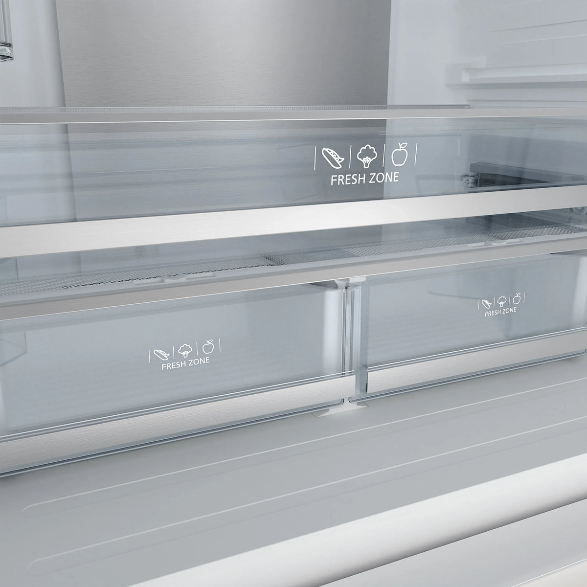 Refrigerator interior door display area with Fresh Zone and temperature icons
